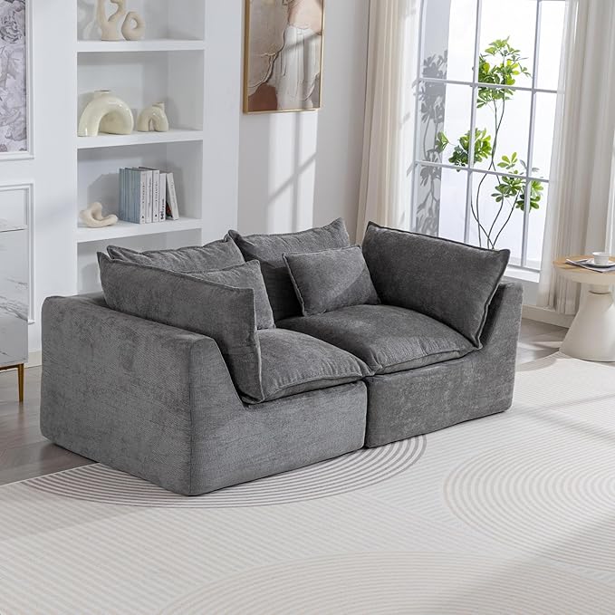 Chenille Modular Sectional Sofa Couch, Boneless Loveseat Cloud Couch for Living Room, Upholstered Compression Sofa in A Box w/Layers Seat Cushions, No Assembly Required | Plush, Wider Armrest