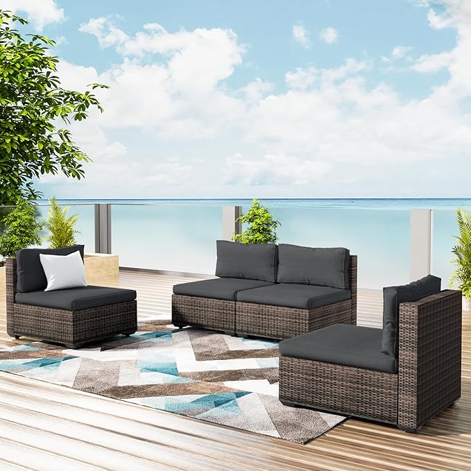 Grezone 5 Piece Patio Furniture Set with 44" Fire Pit Table, Outdoor Sectional Couch, PE Rattan Patio Conversation Sets with 4inch Cushions for Backyard Black