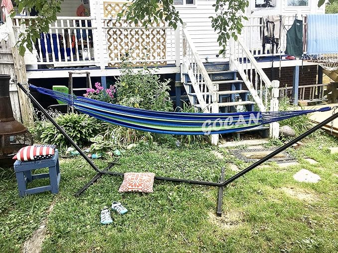 GOCAN Brazilian Double Hammock 2 Person Extra Large Canvas 250x160cm Total Length 350cm Load 500lb Cotton Hammock for Garden Outdoor and Indoor Blue/Green(98 * 65'') - Image 8