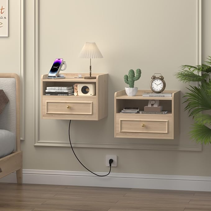 Floating Nightstand with Charging Station Set of 2, Modern Wall Mounted Bedside Tables with Drawer & Open Shelf, Modern Hanging Table with USB & Type C Ports for Bedroom, Small Spaces (White Oak) - Image 8