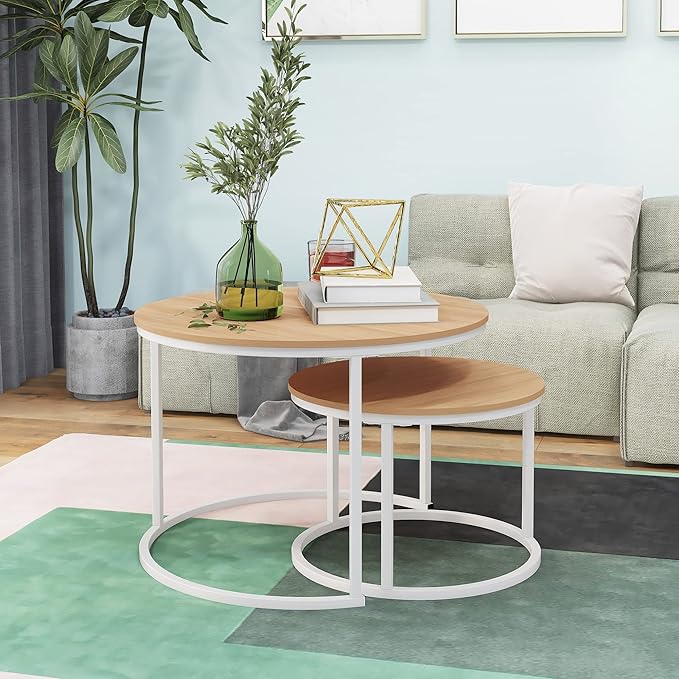 HOJINLINERO Round Coffee Table,Nesting Coffee Table Set of 2,Center Tables for Living Room,Office, Home Small Space,Stacking Side Tables,Sturdy and Easy Assembly,Wood Desktop,White+Teak OAKDK,Large