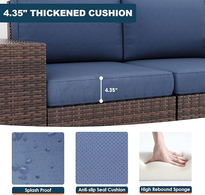 7 Piece Patio Furniture Set with Fire Pit Table, Outdoor Conversation Sets Wicker Rattan Sectional Sofa with Coffee Table for Patio Garden Backyard, 4'' Thickened Cushion Navy Blue