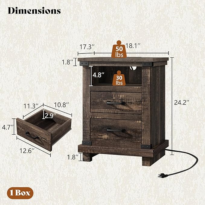 AMERLIFE 5 Pieces Farmhouse Bedroom Set, Includes Rustic Full Bed Frame with 54" Tall Headboard, 6 Drawer Dresser, 5 Drawer Tall Chest, Nightstands Set of 2 with Charging Station, Black Oak