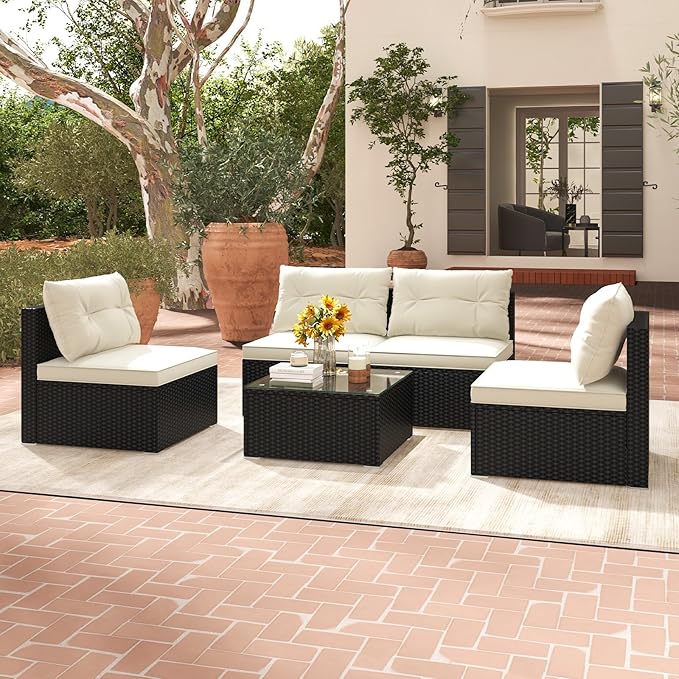 Tangkula 5 Piece Rattan Sofa Set, Patiojoy Outdoor Wicker Furniture Set with Seat & Back Cushions, Square Coffee Table, Patio Sectional Sofa Set for Backyard, Poolside, Garden