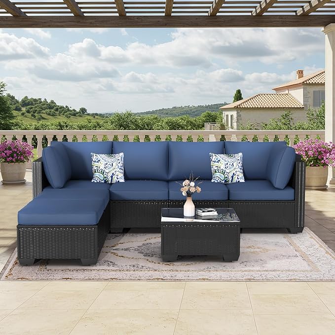 U-MAX 7 Piece Outdoor Patio Furniture Set with Extra 43 Inch Fire Pit Table, PE Rattan Wicker Sofa Set, Outdoor Sectional Furniture Chair Set with Tea Table, Black Rattan&Dark Blue Cushion
