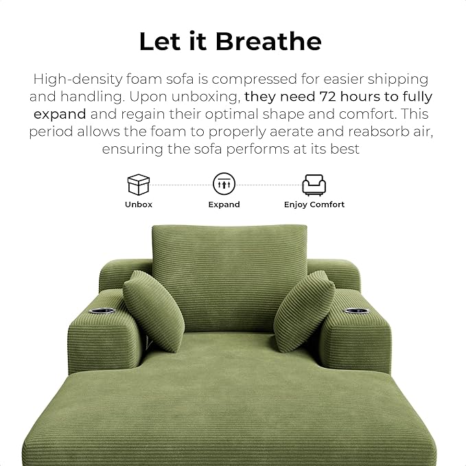 LIKIMIO 71.6" Oversized Chaise Lounge Chair Indoor, Corduroy Cloud Couch with 2 Cup Holders & Storage Pockets, No Assembly 2-in-1 Sleeper Sofa Bed, Deep Seat Reading Chair for Living Room (Green) | Chaise Lounge Indoor, OEKO‑TEX corduroy, Cup holders|s...