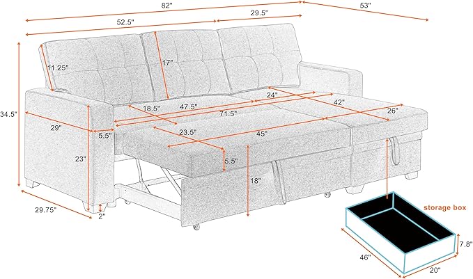 ERYE 82-inch Pull Out Sleeper Couch Bed, L-Shaped Reversible Sleeper Sectional Sofa Faux Leather Tufted Upholstered Corner Convertible Sofa Bed with Storage Chaise