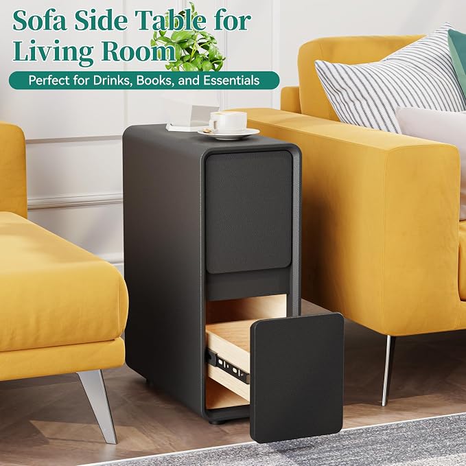 7.8" W Leather Narrow Nightstand Set of 2, Modern Fully-Assembled Bedside Table with 2 Drawers, White Night Stand Small Accent End Table & Side Table for Bedroom, Black - Image 8