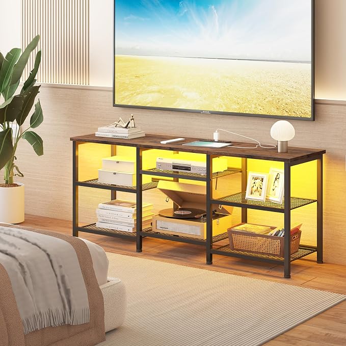 YGEOMER TV Stand for Living Room TVs Up to 55 Inches, Entertainment Center with Power Outlet and LED Lights Open Storage Shelves, TV Console for Bedroom, Rustic Brown - Image 7