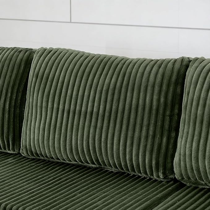 132.48" U-Shaped Sectional Couch, 4-Seat Frameless Modular Sofa with Oversized Chaise, Big Comfy Cloud Couch Set in Soft Corduroy, No-Assembly Boneless Sofas for Living Room, Compressed, Green