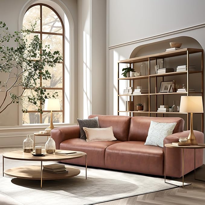 COLAMY PU Leather Sofa Couch, 95" Oversized Sofa Loveseat for Living Room, Comfy Love Seat Couch with Extra Deep Seats, Wide Arm, Down Filled 3-Seater Modern Sofa for Apartment/Lounge/Bedroom-Auburn