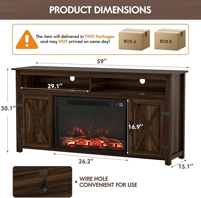 YESHOMY Fireplace TV Stand for Television up to 65+ Inch with Storage and Farmhouse Barn Doors, Entertainment Center with Cabinet and Shelves, Media Console for Living Room, Walnut - Image 8