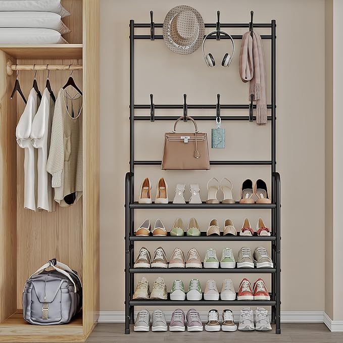 Coat Rack Shoe Rack With Storage Shelf Freestanding with 8 Hooks for Entryway Bedroom Closet 4 Tier, Black - Image 6