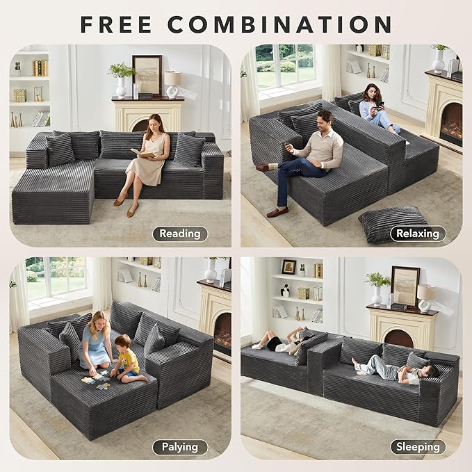 106” Modular Sectional Sofa, Cloud Sectional Couch with Deep Seat, Modern Modular L-Shape Sofa Couch with Chaise,Upholstered Couches for Living Room Bedroom(Grey)