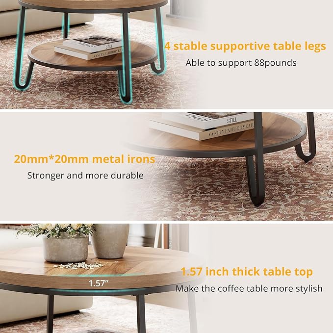 32" Round Coffee Table, Wood Coffee Table for Sectional Sofa with 2-Tier Storage Shelves, Farmhouse Center Table with Wood Grain Desktop, Easy to Assemble