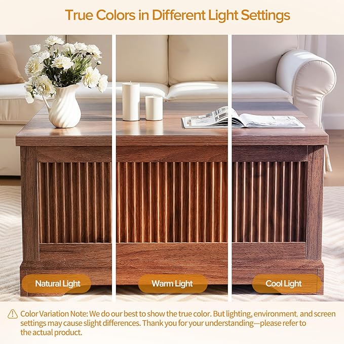 Lift Top Coffee Table with Storage, Fluted Coffee Tables with Lifting Top, Modern Farmhouse Square Center Table for Living Room, Home Office, with Hidden Compartment, Flip-Up Lids, Walnut