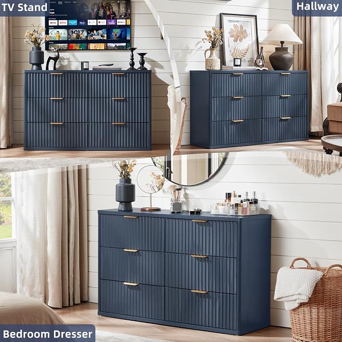 LEYAOYAO Fluted 6 Drawers Dresser for Bedroom, 48" Wide Farmhouse Chest of Drawers with Metal Handle,Curved Profile Modern Closet Organizer Wood Dressers TV Stand for Living Room, Hallway, Blue - Image 9