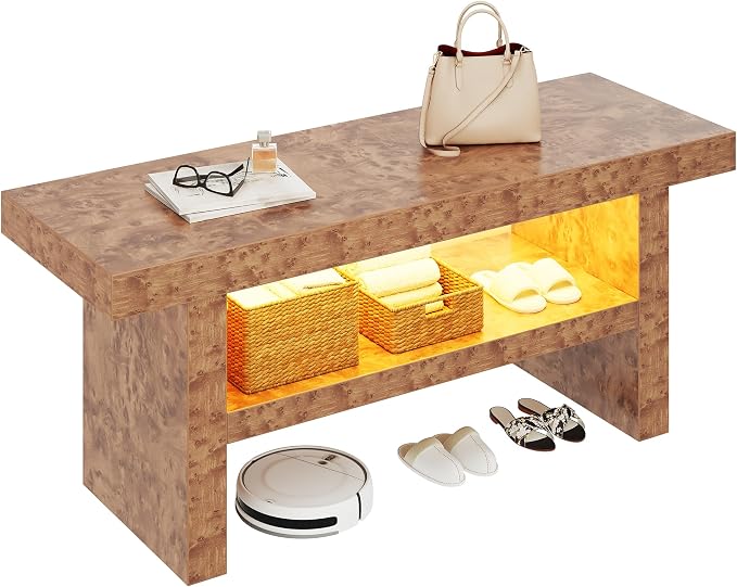 DWVO 39.4" Entryway Bench with Motion-Sensing Warm LED Light, 2-Tier Rustic Thick Wood Shoe Storage Bench for Hallway Bedroom Dressing Room or End of Bed, Burl Wood Finish - Image 7