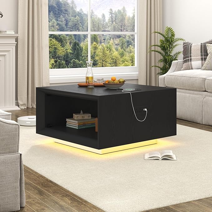 32" Mid Century Modern Coffee Table for Living Room, Square Center Table with LED Light & Power Outlet, Cocktail Table with Storage, 2-Tier Minimalist, Deep Beveled Edge, Wood Thick Design, Black