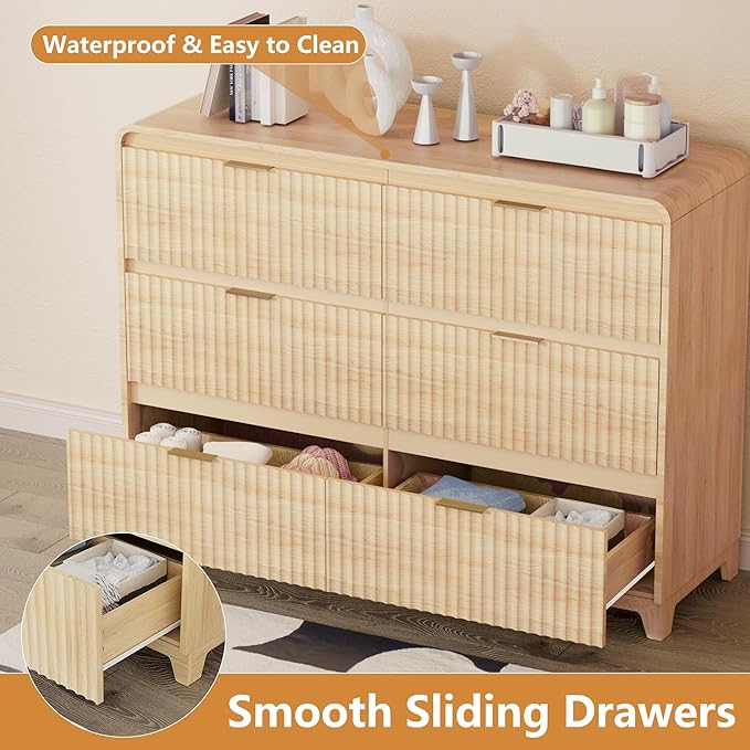 3 Piece Bedroom Furniture Set 6 Drawer Fluted Dresser & 2 Nightstand Sets with Metal Handle, Charging Station & Storage Cabinet, Modern Design for Bedroom/Living Room, Natural