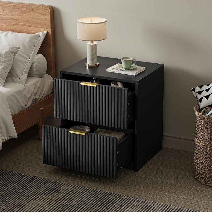 MAISONARIA 3-Piece Dresser Bedroom Set, 8 Drawer Dresser & 2 Drawer Nightstands with Gold Handles, Fluted Wood Chest of Drawers for Bedroom, Living Room, Entryway, Black