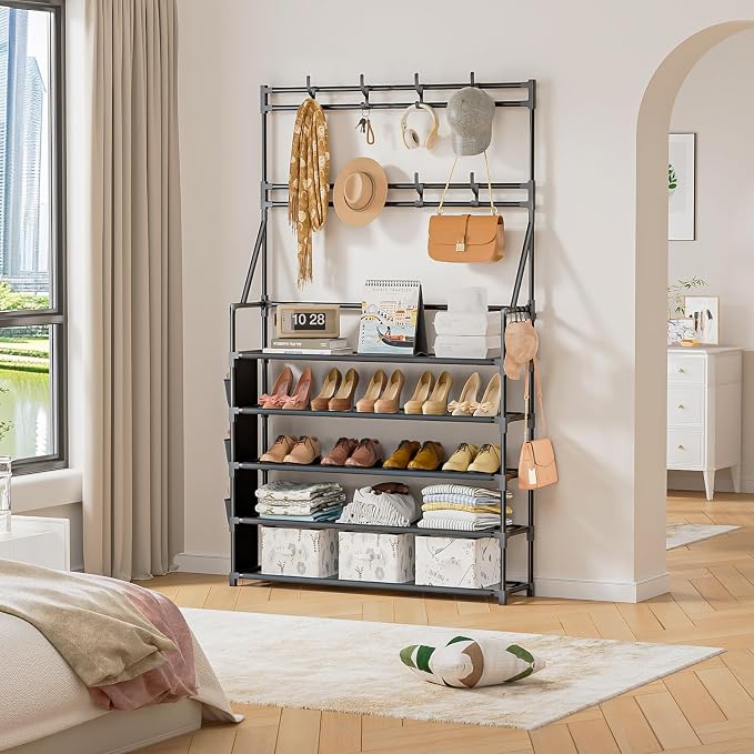 OYREL Shoe Rack 5 Tier Shoe Racks Organizer 20-25 Pairs Shoes Rack for Closet Entrance Shoe Storage Organizer with Hooks and Side Pocket Entryway Shoe Holder Space Saving Free Standing Shoe Racks - Image 9