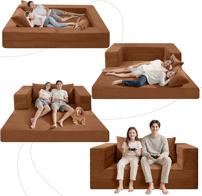 Futon Sofa Bed with Pillow, 3-in-1 Sleeper Sofa Bed with Removable Cover, Convertible Floor Sofa Bed, No Assembly Boneless Couch for Living Room, Bedroom