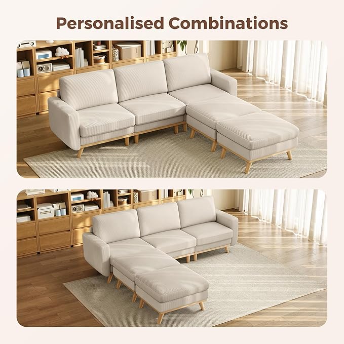 Vesgantti 97" Modular Sectional Sofa Light Gray, U-Shaped Couch with Movable Ottoman, Comfy Corduroy Couch with Spring Cushion, Modular Sofa with Deep Seat for Living Room, Bedroom and Apartment