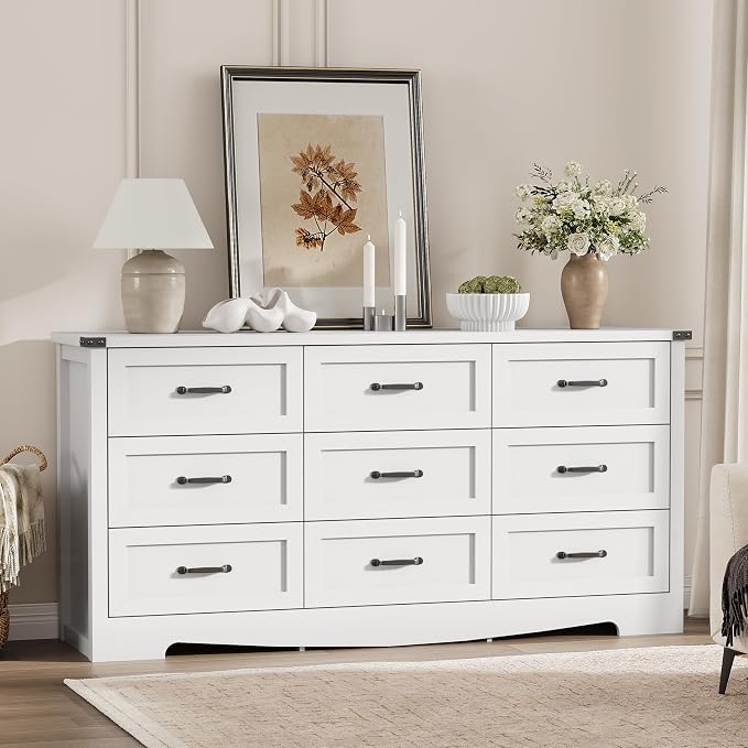 Dresser for Bedroom with 9 Drawers, 59" Wide Modern Chest of Drawers with Deep Drawers & Mental Handle, Wood Dresser TV Stand, Wooden Closet Storage Organizer for Living Room, Hallway, Entryway, White - Image 8