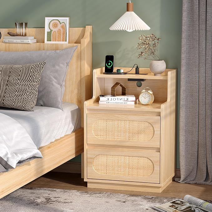 VINGLI Rattan Nightstand with Charging Station, Boho Nightstand with Drawers and Shelves, Wood Night Stand Bedroom, Real Rattan Bed Side Table/End Table,17.72" W*13.86" D*25.6" H - Image 9
