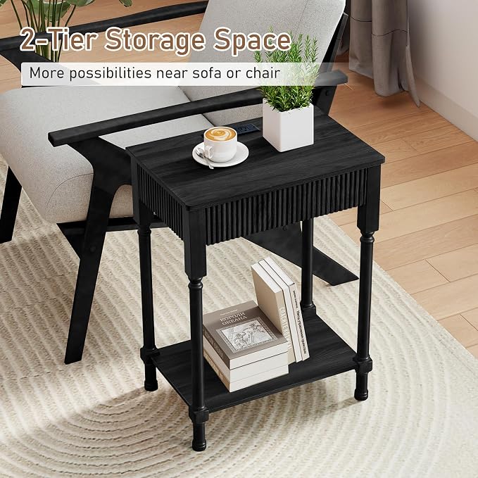 Night Stand Set of 2,Fluted Nightstand with Charging Station, 23.6” Large Bed Side Table End Table with Drawer, Modern Mid Century Wooden Night Stands Bedside for Bedroom Living Room Sofa Office,Black - Image 9