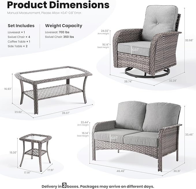 ovios 8-Piece Patio Furniture Set, Outdoor Wicker Sofa with Swivel Chairs Coffee Table, High Back Rattan Couch Loveseat with Comfy Cushions for Porch Yard Deck, Dark Grey