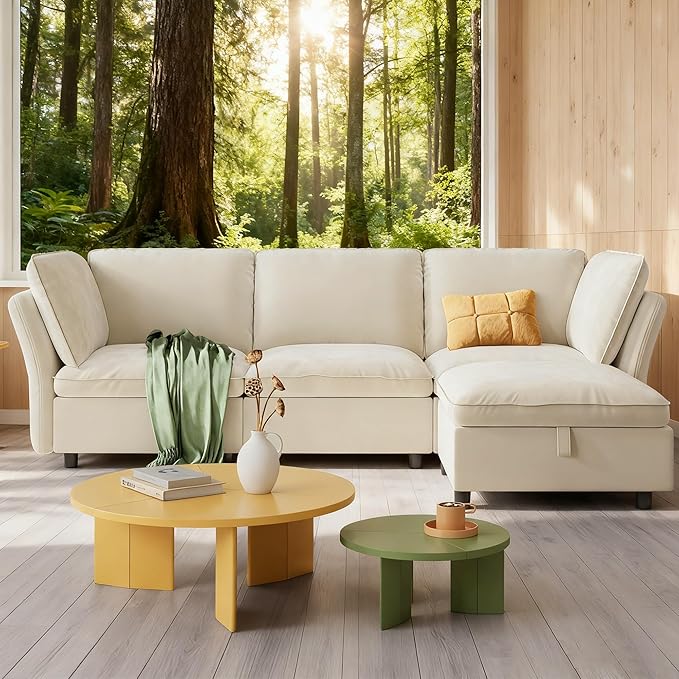 IDEALHOUSE 97" Modular Sectional Sofa, L-Shaped Modular Couch with Storage, 4-Seater Comfy Cloud Couch with Movable Ottoman, Deep Seat, Modern Sectional Couches for Living Room Bedroom, Beige
