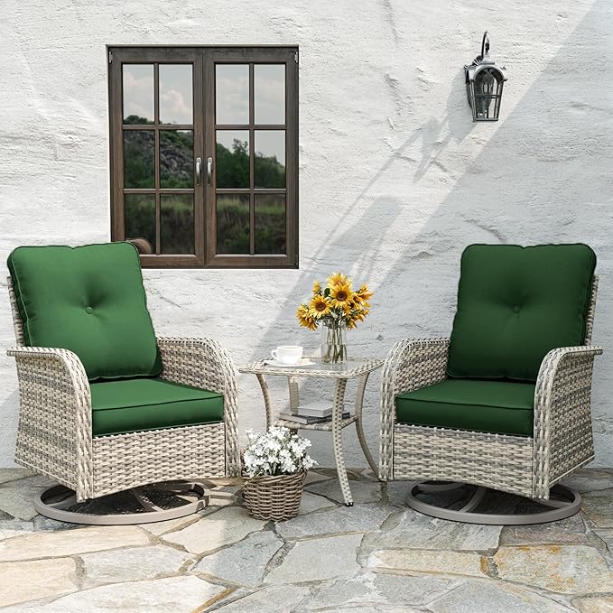 9-Piece Patio Rocking Swivel Chair Outdoor Wicker Rattan Bistro Set with Tempered Glass Side Table, Outdoor Patio Furniture Set for Garden, Deck, and Balcony, Green