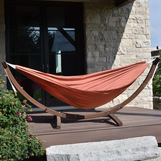Vivere Double Cotton Hammock with Solid Pine Arc Stand - 450 lb Capacity, Durable FSC Wood Frame, Includes Hardware & User Guide - 450 lb Weight Capacity (Coral) - Image 3