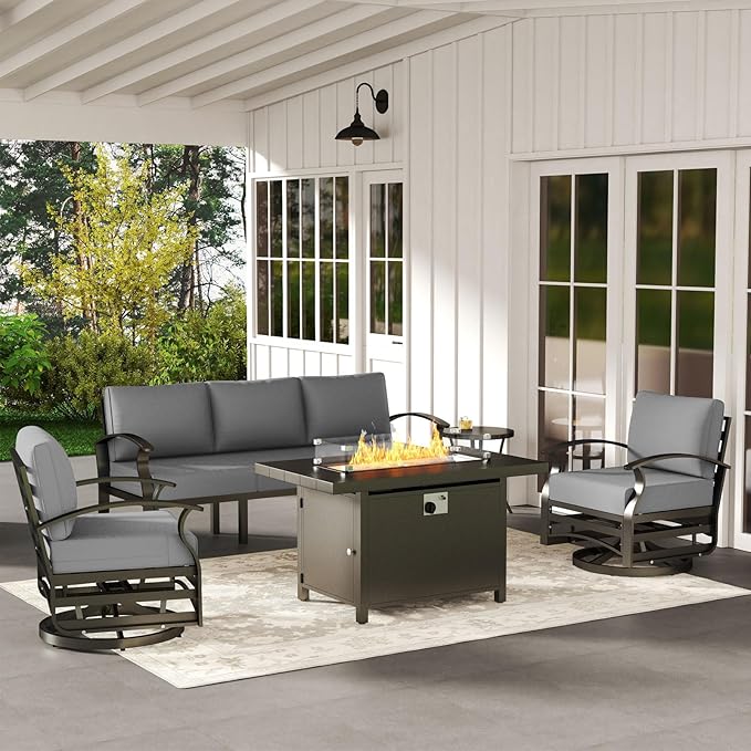 ALAULM Aluminum Patio Furniture Set with Propane Fire Pit Table 5-seat Metal Outdoor Furniture w/Fire Pit Patio Sectional Sofas w/5.1" Cushions for Patio, Backyard, Poolside-Grey