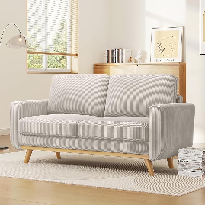 68" Light Gray Corduroy Loveseat Sofa, Comfy Deep Seat Couch with Spring Cushion & Solid Wood Frame, Modern 2-Seater Sofa for Living Room Bedroom Office