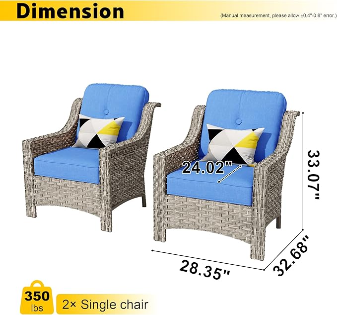 HOOOWOOO 2 Piece Patio Chairs Set,Outdoor Wicker Chairs,All Weather Resistant High Back Rattan Deck Chairs Matching Furniture(Diamond Blue)