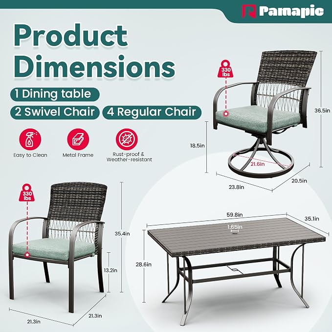 Pamapic 7 Piece Patio Dining Set for 6,Wicker Outdoor Furniture Set for Backyard Garden Deck Poolside with Iron Slats Table Top (Green, 7 PCS Swivel Chair & Fixed Chair) - Image 6
