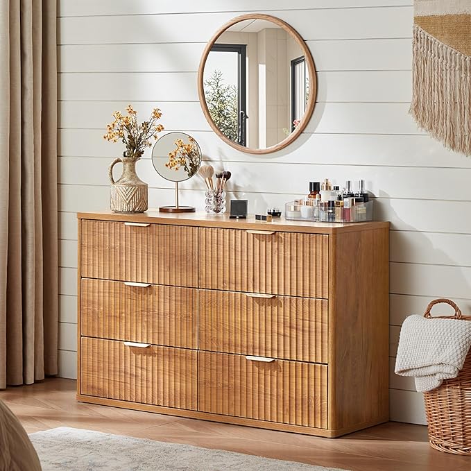 LEYAOYAO Fluted Dressers & Nightstand Set of 4, Wood 48" Wide Dresser & 42" Tall Chest of Drawers,Modern Bedroom Furniture Sets, Brown Wooden Nightstand Set of 2 with 2 Drawers & Charging Station
