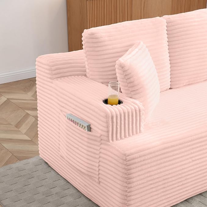 Eafurn Floor Loveseat Boneless Sofa Couch in a Box with Cup Holder and Side Pockets, 3 Seater Comfy Corduroy Upholstered Foam Couch with Deep Seating for Living Room,No Assembly | Breathable material, Cupholders