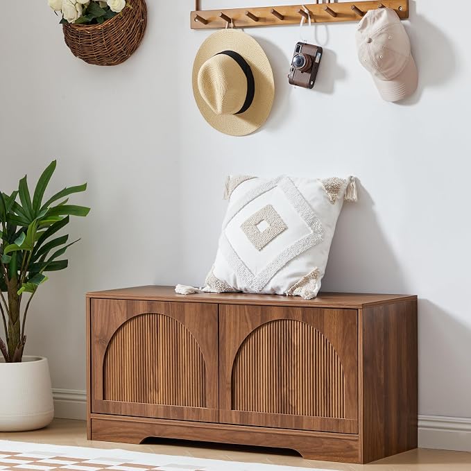 BERRYMERRY 39.4" Fluted Shoe Storage Bench for Entryway,2 Tier Shoe Cabinet Bench with Adjustable Shelf,Bench for Bedroom End of Bed (Walnut, 13.8”D x 39.4”W x 18.5”H) - Image 9