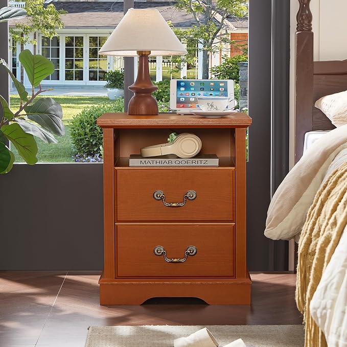 18" Farmhouse Nightstand Set of 2 with Charging Station,Rustic Night Stand, 2 Drawers Bedside Table,End Tables Bedroom with Vintage Handles,Caramel - Image 6