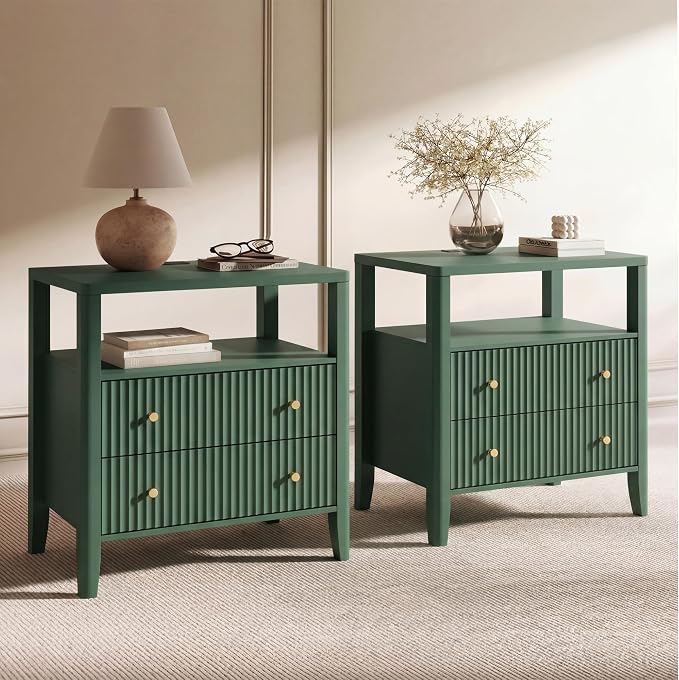 Nightstand with Charging Station, 27.3" Wide Fluted Bedside Tables with 2 Drawers & Open Shelf, Large End Tables with Storage, Metal Handle & Rounded Corners for Bedroom,Green - Image 7
