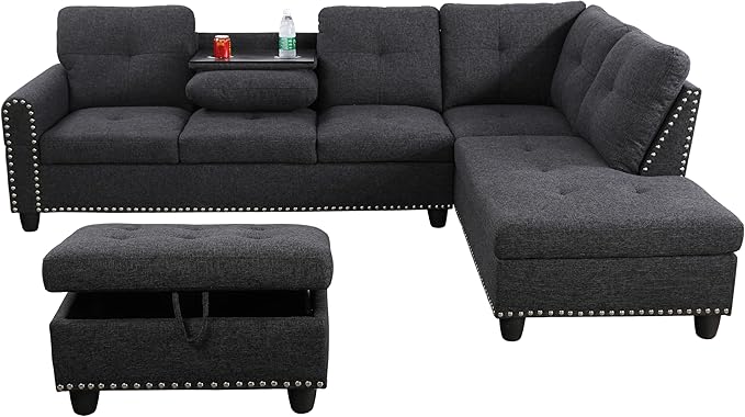 FONTOI L Shaped Sectional Couch with Otttoman, 97" Sectional Sofa for Living Room Flannel Modular Couches with Cup Holders for Bedroom, Apartments, Black Grey