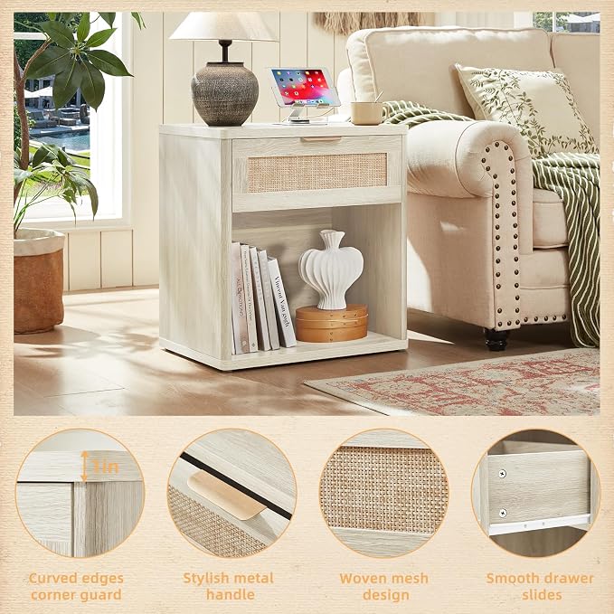 LEYAOYAO Rattan Nightstand with Charging Station, 23" Wide Boho Night Stand with Drawer, Grey White Bedside Table Open Storage Cabinet, Bed Side End Tables Dresser for Bedroom, Living Room, Hallway - Image 9