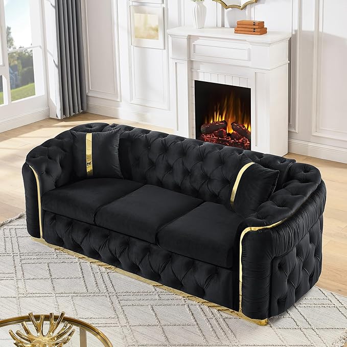 KEIKI 2-Piece Luxury Chesterfield Sofa Set with 2 Oversized Velvet 3-Seater Sofa, Upholstered Modern 6-Seater Button Tufted Couch Set with 4 Pillow, Gold Stainless Decoration, for Living Room, Black