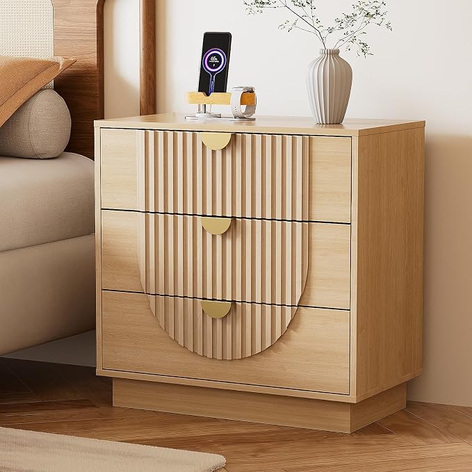 3 Drawer Nightstand with Charging Station,28" Fluted Night Stand & Modern Bedside Table, Wood End Table Storage Cabinet for Bedroom Hallway, Entryway,Caramel Brown Set of 2 - Image 9