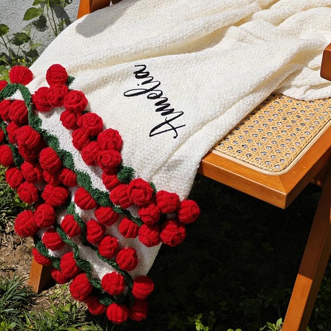 Personalized Handmade Crochet Rose Flower Blanket Bouquet – Custom Name Gift for Mother's Day, Valentine’s Day, Mom or Girlfriend(Red)