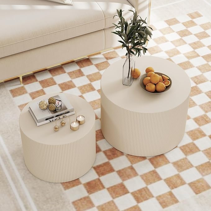 Round Coffee Table Set of 2, Modern Wooden Beige Nesting Tables for Living Room, No Assembly Required Circle Side Tables Set Accent End Table for Bedroom, Balcony